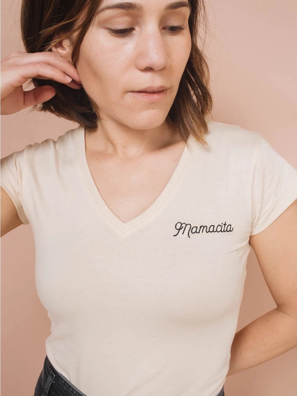 The Bee & The Gox Embroidered V-Neck Tee — Cream